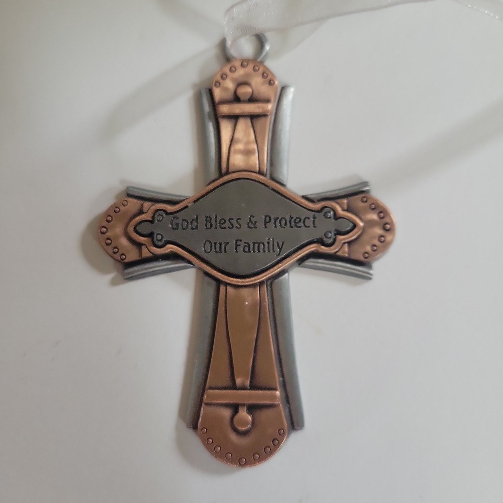 God Bless & Protect Our Family Metal Wall Cross 4x3 Silver Copper Religious 90s